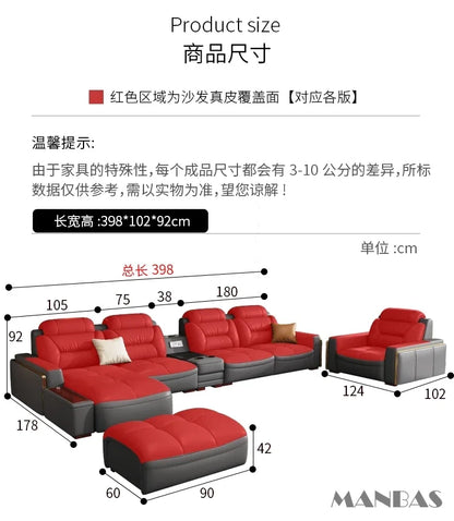 Sofa Narożna MANBAS ze Skóry Włoskiej - USB Bluetooth LED Schowek