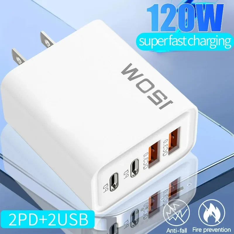 Ładowarka 120W 4 Porty USB Type-C - Szybka z Kablem Samsung iPhone Xiaomi Huawei
