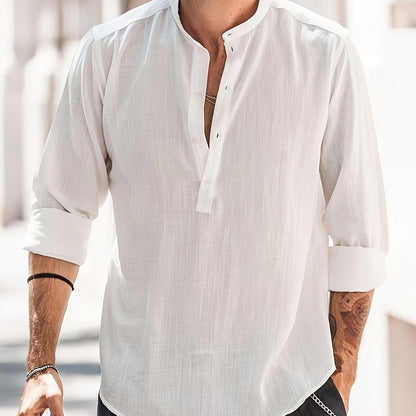 Classic Design Cotton Boat Neck Henley Shirt, Men's Casual Fit Vintage Style Long Sleeve Top For Spring Fall