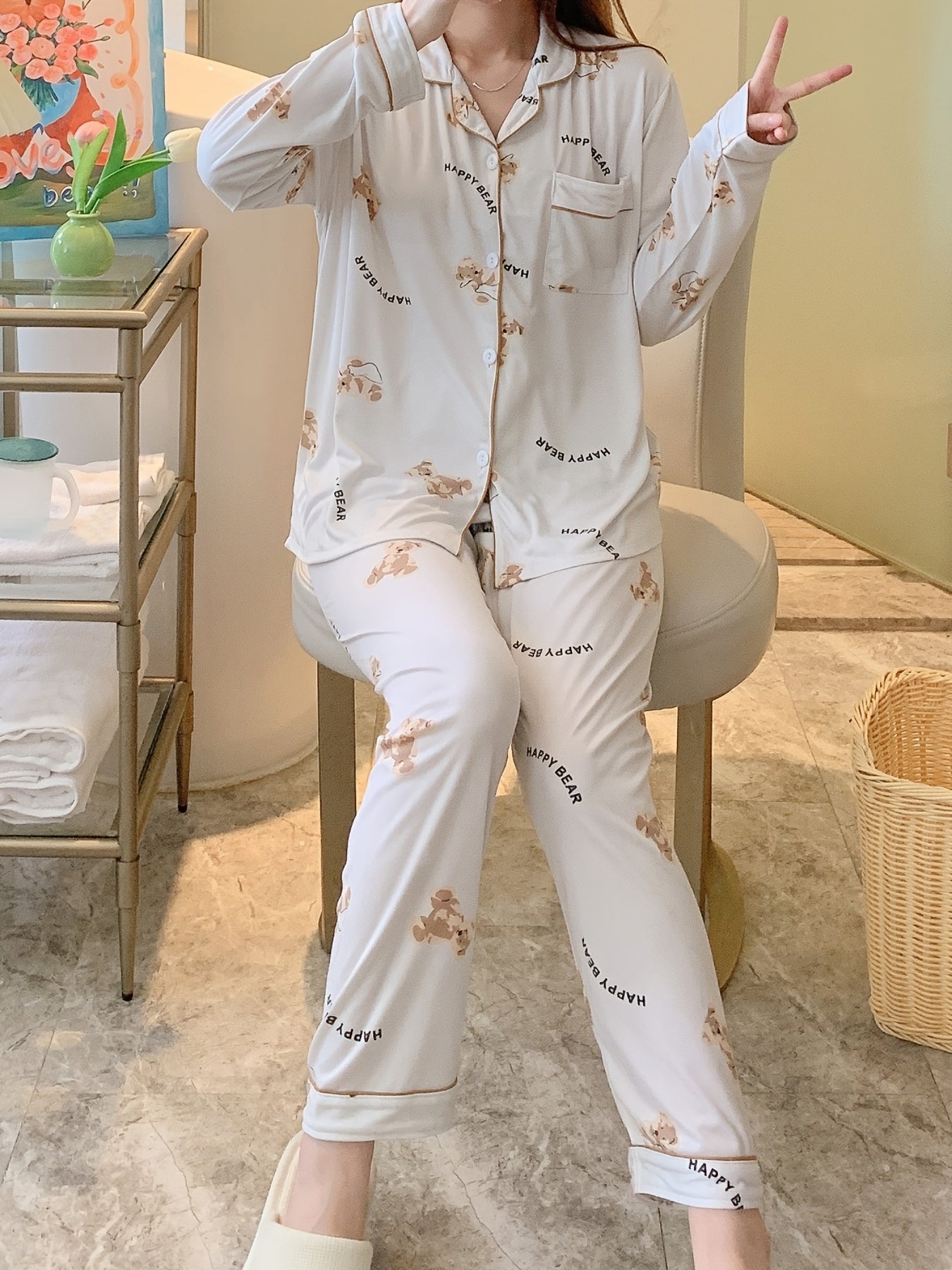 Cartoon Bear Print Pajama Set, Cute Lapel Long Sleeve Blouse Top & Elastic Waistband Pants, Women's Loungewear & Sleepwear