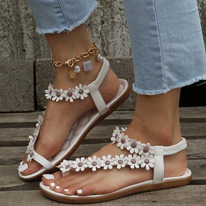 Women's Boho Flower Decor Flat Sandals, Toe Loop Elastic Strap Slip On Anti-skid Shoes, Casual Beach Travel Sadals