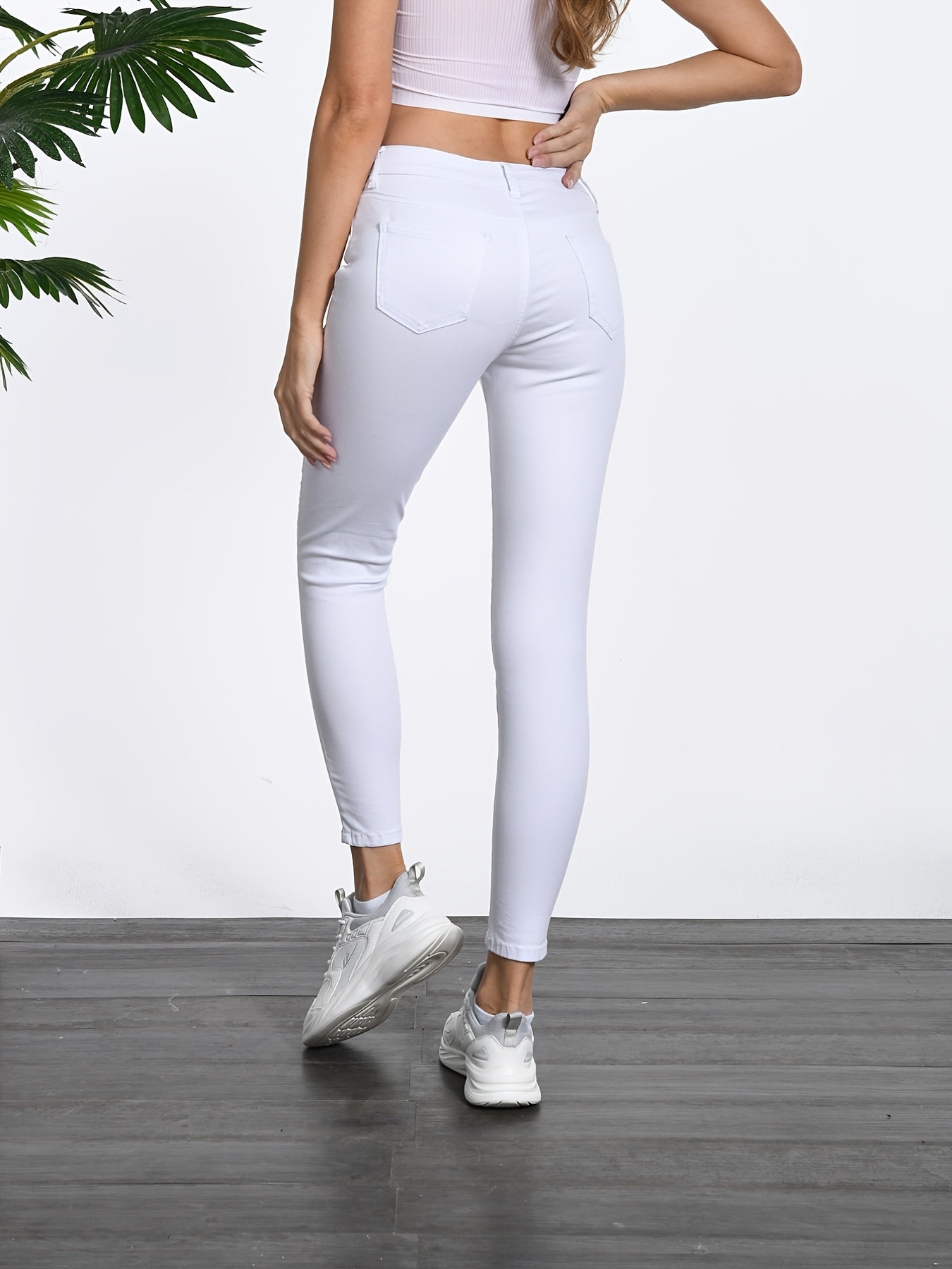 White Slim Fit Skinny Jeans, Slash Pockets High-Stretch Versatile Style Denim Pants, Women's Denim Jeans & Clothing