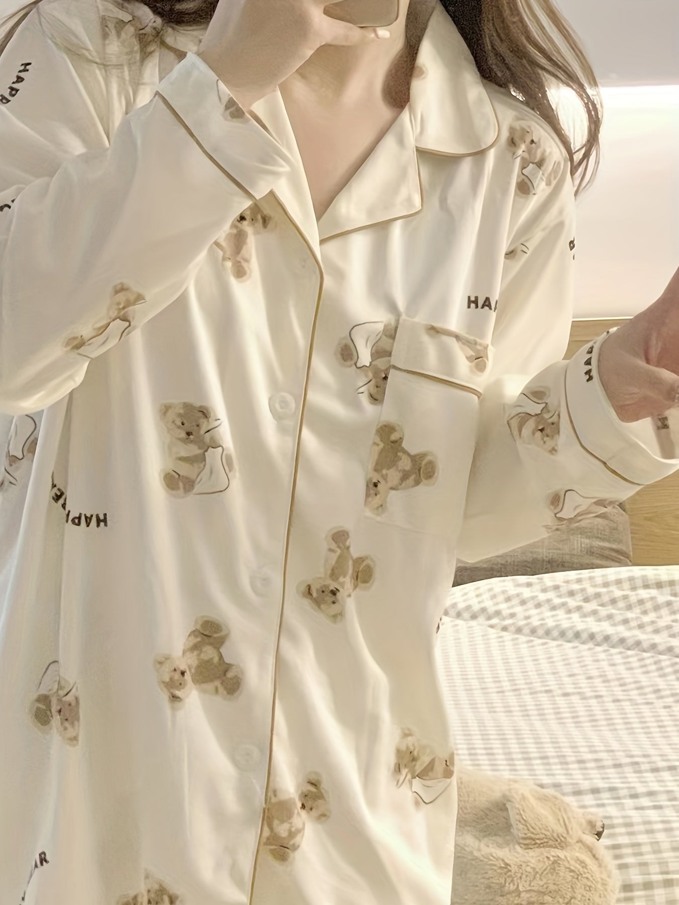 Cartoon Bear Print Pajama Set, Cute Lapel Long Sleeve Blouse Top & Elastic Waistband Pants, Women's Loungewear & Sleepwear