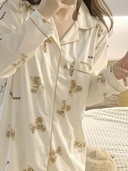 Cartoon Bear Print Pajama Set, Cute Lapel Long Sleeve Blouse Top & Elastic Waistband Pants, Women's Loungewear & Sleepwear