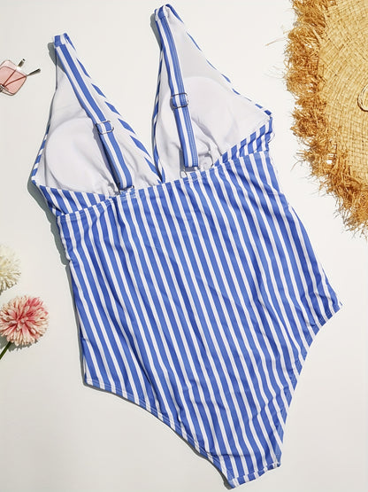 Striped Print Stretchy One Piece Swimsuit, Deep V Neck Tummy Control High Cut Bathing Suit, Women's Swimwear & Clothing