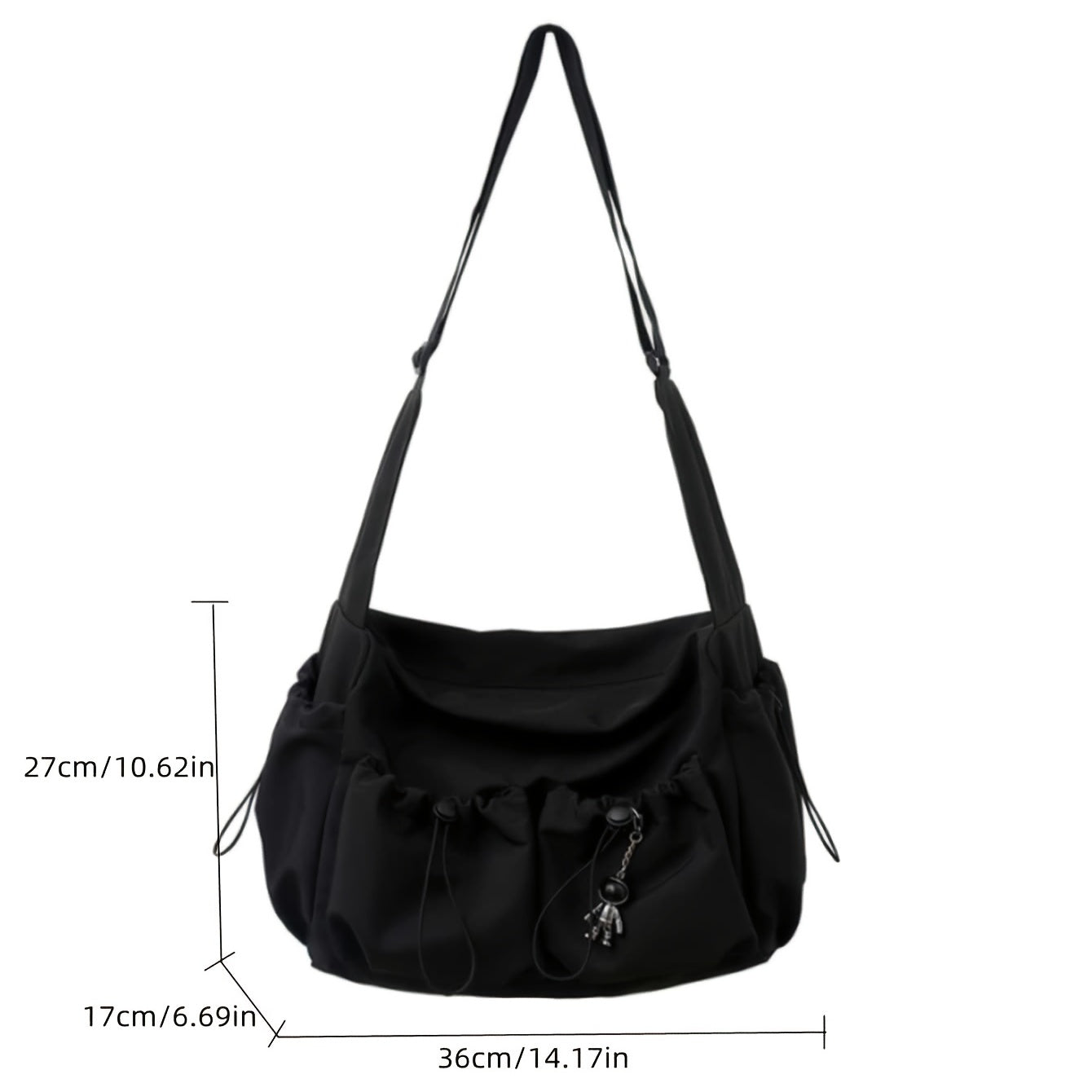 Drawstring Detail Crossbody Bag, Large Capacity Shoulder Bag, Fashion Zipper Bag With Bag Charm