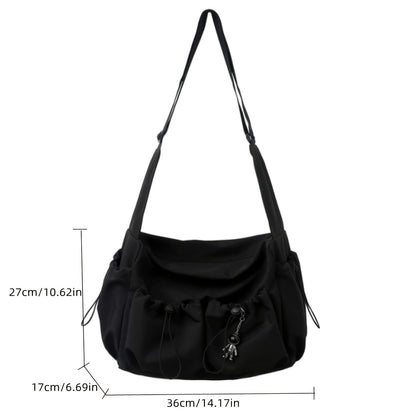 Drawstring Detail Crossbody Bag, Large Capacity Shoulder Bag, Fashion Zipper Bag With Bag Charm
