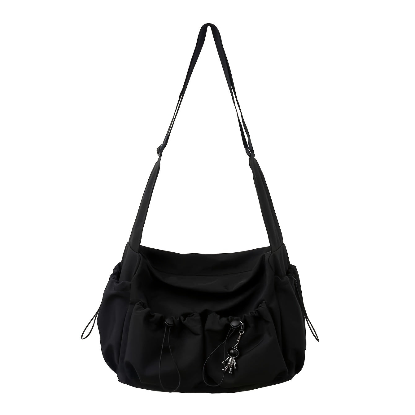 Drawstring Detail Crossbody Bag, Large Capacity Shoulder Bag, Fashion Zipper Bag With Bag Charm