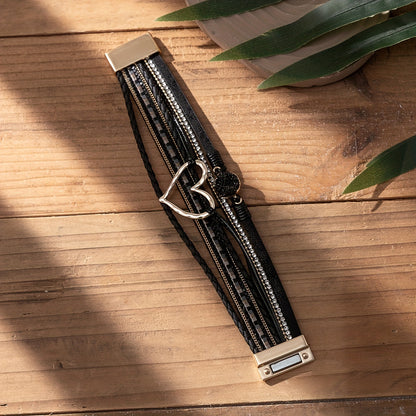 [Elegant] Boho Chic Love Heart Magnetic Clasp Bracelet - Multi-Layer PU Leather with Black Braided Design & Crystal Accents, Golden-Tone Metal Heart Pendant, Everyday Bohemian Style Jewelry for Women, Heart Jewelry