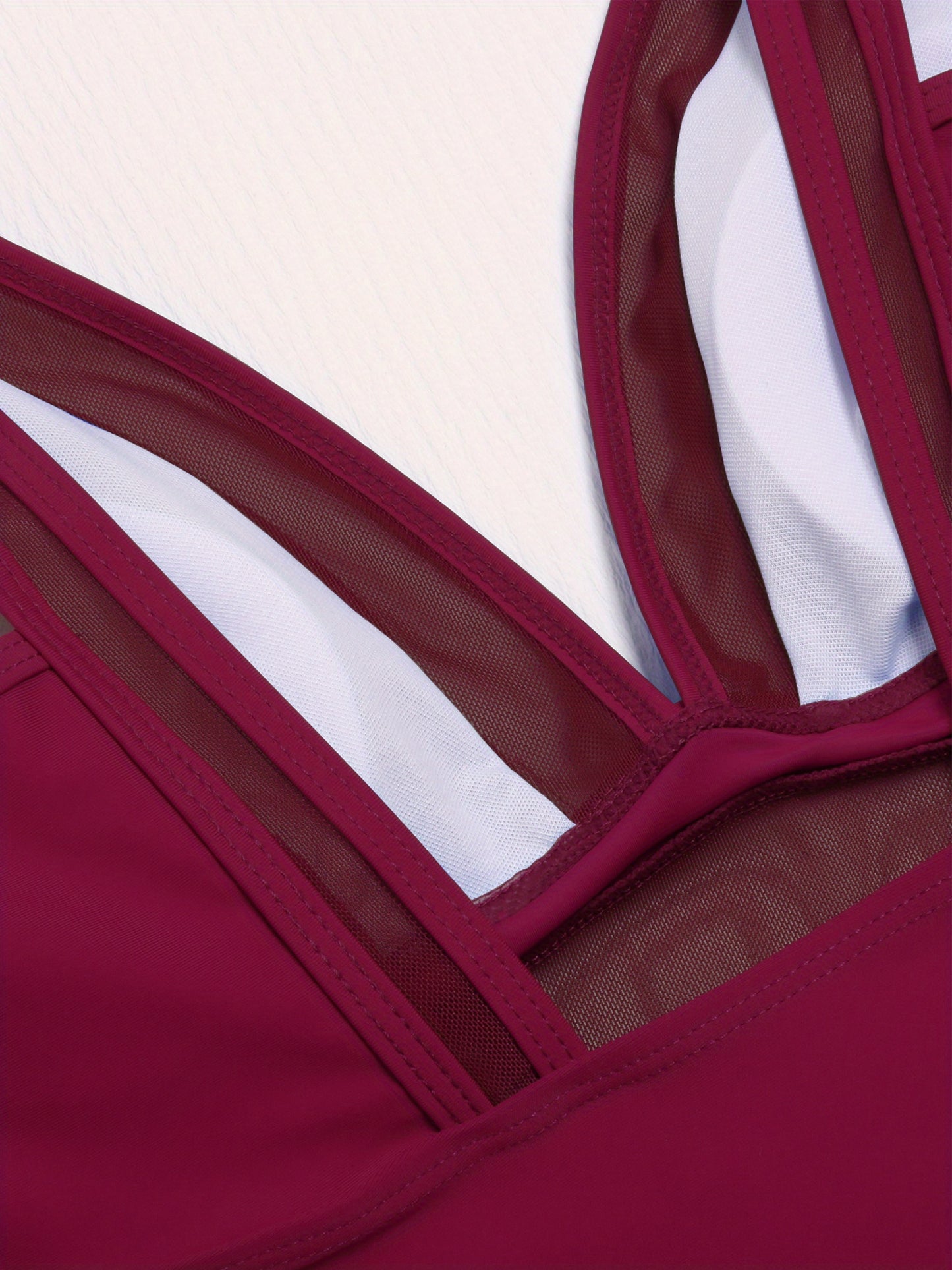 Contrast Mesh One Piece Swimsuit, V Neck Solid Color Backless Tummy Control High Cut Bathing Suit, Women's Swimwear & Clothing