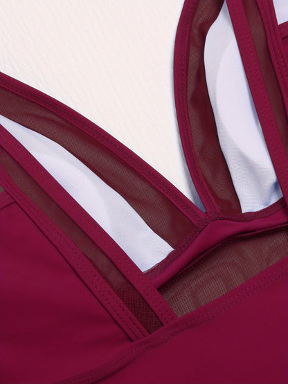 Contrast Mesh One Piece Swimsuit, V Neck Solid Color Backless Tummy Control High Cut Bathing Suit, Women's Swimwear & Clothing