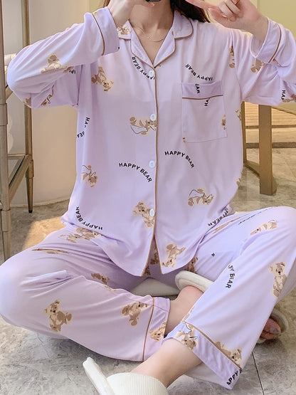 Cartoon Bear Print Pajama Set, Cute Lapel Long Sleeve Blouse Top & Elastic Waistband Pants, Women's Loungewear & Sleepwear