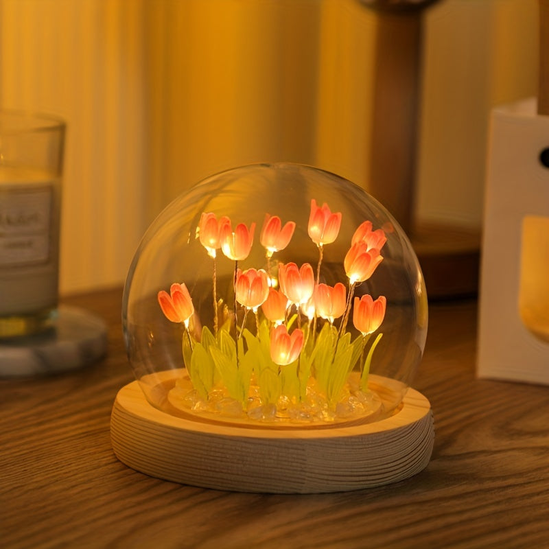 1pc Tulips Gifts For Women Flower Gifts For Her Gifts For Women Birthday Xmas Gift For Mom, Artificial Decor In Glass Dome With Led Light Night Light, Women Gifts For Her, Mom, Christmas Gift