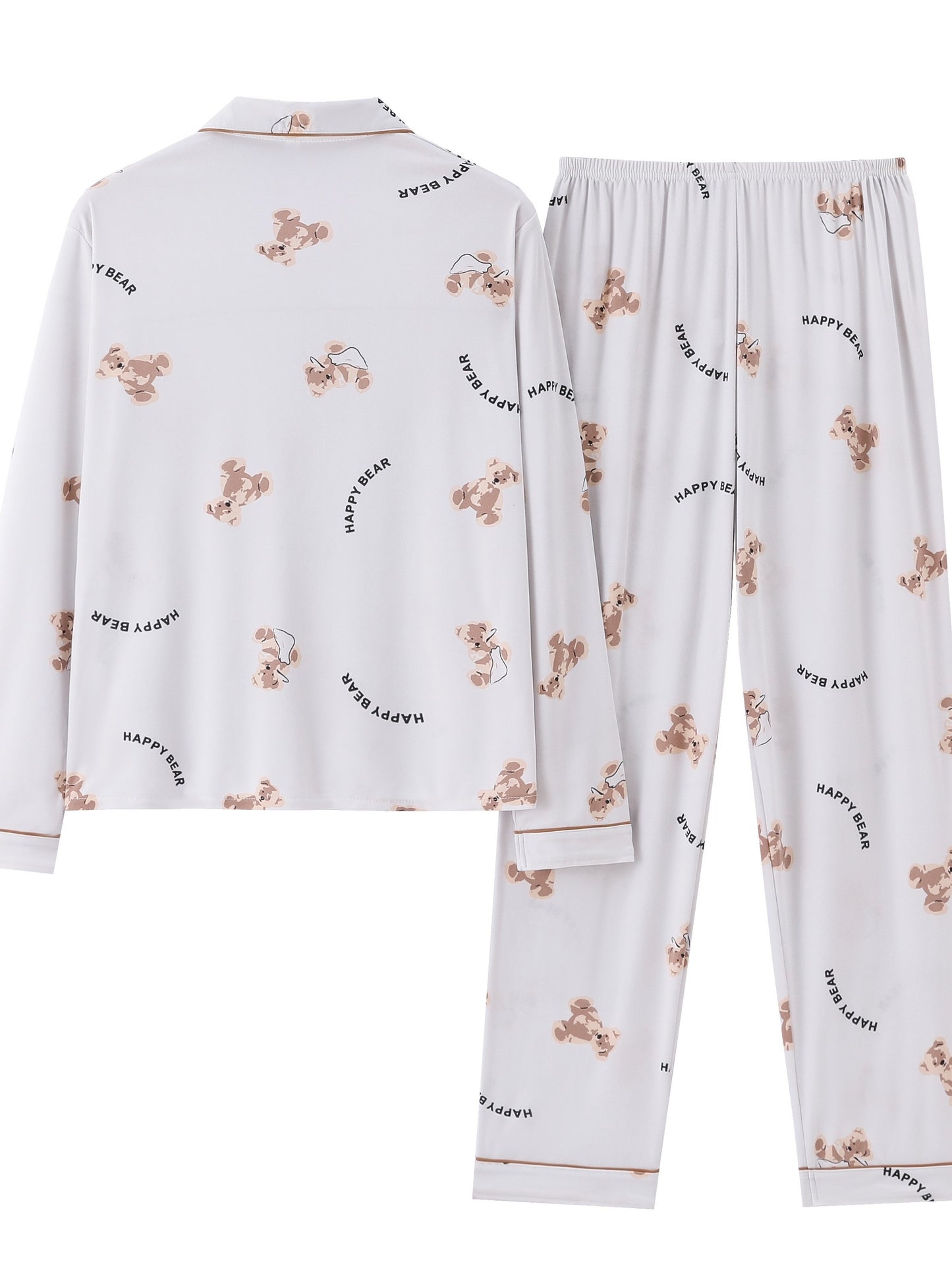 Cartoon Bear Print Pajama Set, Cute Lapel Long Sleeve Blouse Top & Elastic Waistband Pants, Women's Loungewear & Sleepwear