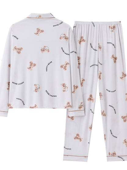 Cartoon Bear Print Pajama Set, Cute Lapel Long Sleeve Blouse Top & Elastic Waistband Pants, Women's Loungewear & Sleepwear
