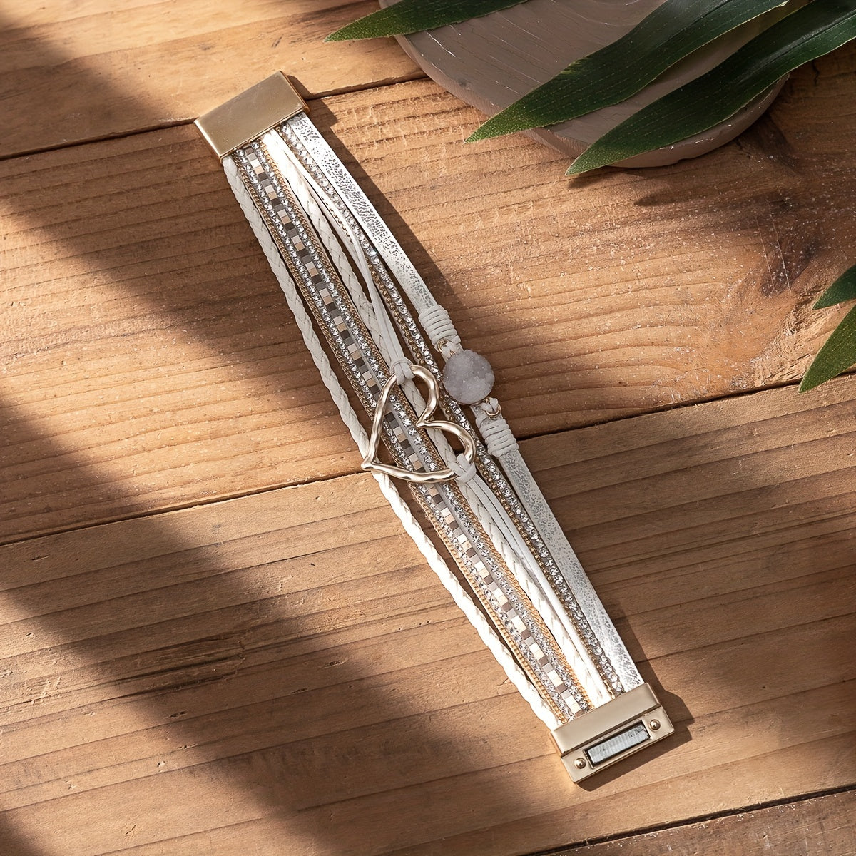 [Elegant] Boho Chic Love Heart Magnetic Clasp Bracelet - Multi-Layer PU Leather with Black Braided Design & Crystal Accents, Golden-Tone Metal Heart Pendant, Everyday Bohemian Style Jewelry for Women, Heart Jewelry