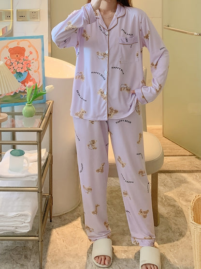 Cartoon Bear Print Pajama Set, Cute Lapel Long Sleeve Blouse Top & Elastic Waistband Pants, Women's Loungewear & Sleepwear