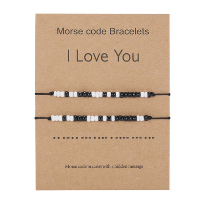 I Love You 2pcs/set Morse Code Black And White Rice Beads Woven Adjustable Couple Bracelets