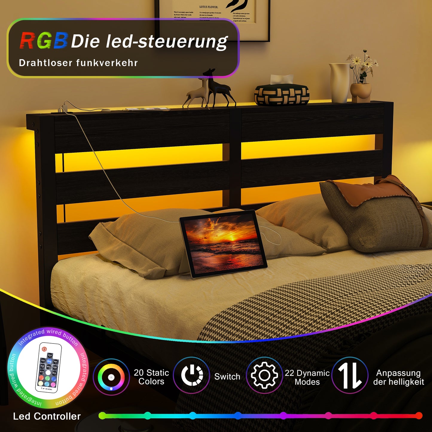 Metalowe Łóżko z Oświetleniem LED i USB 90/120/140cm