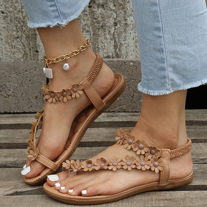 Women's Boho Flower Decor Flat Sandals, Toe Loop Elastic Strap Slip On Anti-skid Shoes, Casual Beach Travel Sadals