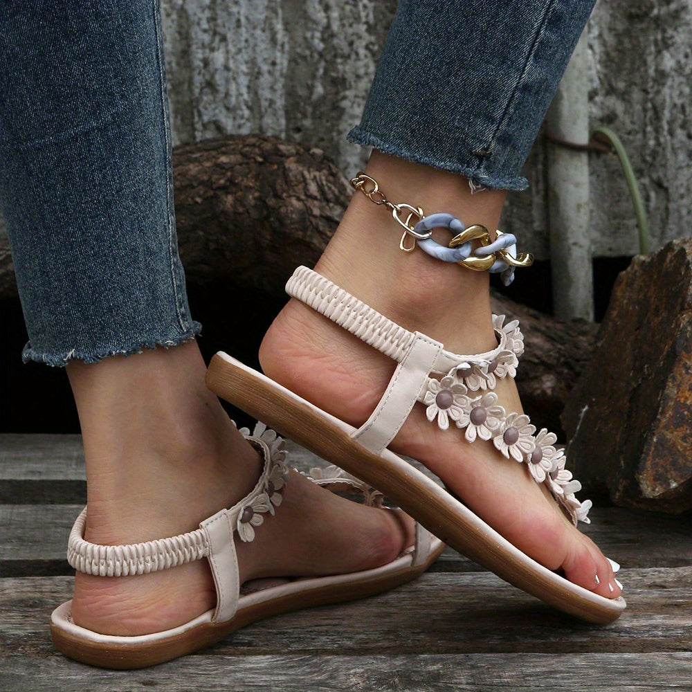 Women's Boho Flower Decor Flat Sandals, Toe Loop Elastic Strap Slip On Anti-skid Shoes, Casual Beach Travel Sadals