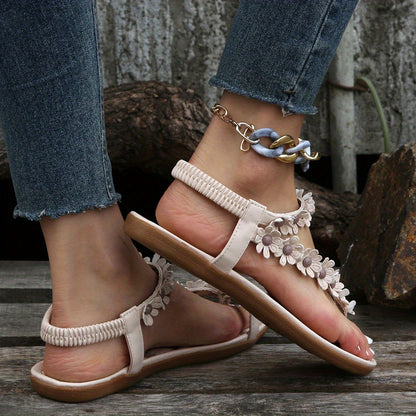 Women's Boho Flower Decor Flat Sandals, Toe Loop Elastic Strap Slip On Anti-skid Shoes, Casual Beach Travel Sadals