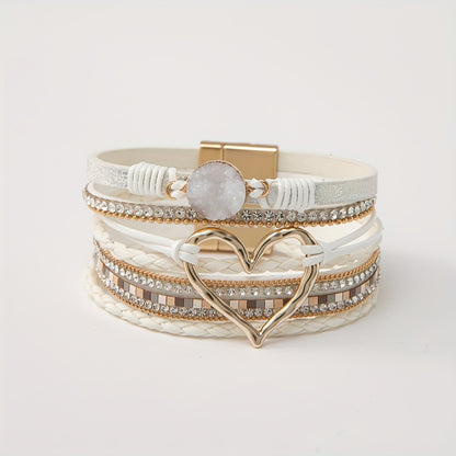[Elegant] Boho Chic Love Heart Magnetic Clasp Bracelet - Multi-Layer PU Leather with Black Braided Design & Crystal Accents, Golden-Tone Metal Heart Pendant, Everyday Bohemian Style Jewelry for Women, Heart Jewelry