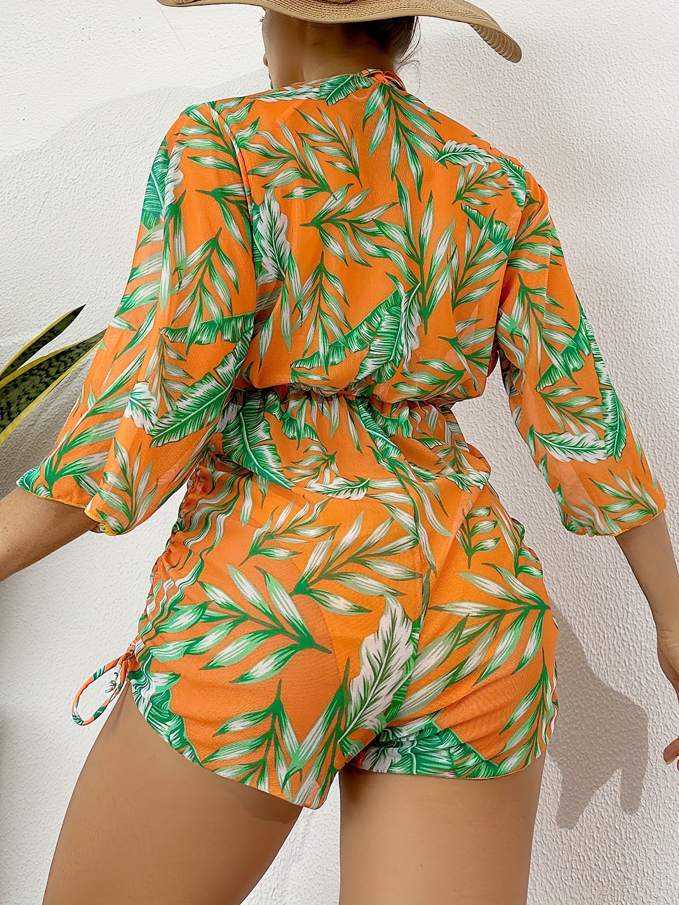 3-Piece Leaf Plant Print Bikini Sets, Triangle Halter Neck High Cut With Sheer Cover Up Drawstring Overall Swimsuit, Women's Swimwear & Clothing for Koningsdag/King's Day