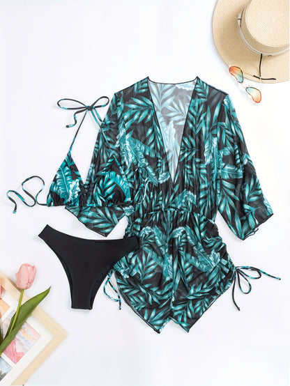 3-Piece Leaf Plant Print Bikini Sets, Triangle Halter Neck High Cut With Sheer Cover Up Drawstring Overall Swimsuit, Women's Swimwear & Clothing for Koningsdag/King's Day