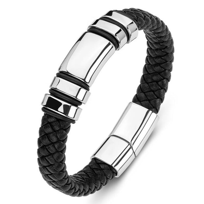 New Fashion Men's Personality Creative Design Faux Leather Glossy Four Ring Bracelet Hip Hop Trend Jewelry