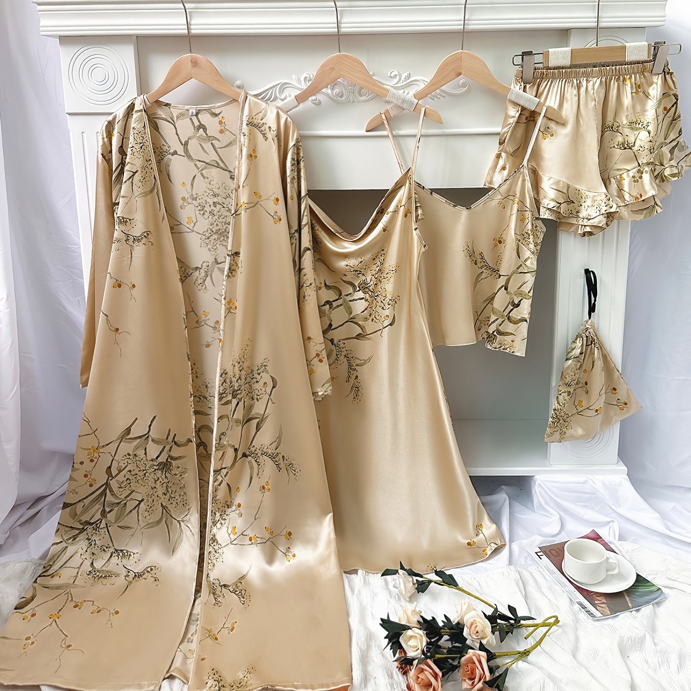 4pcs Floral Print Pajamas Set, Long Sleeve Robe + Cami Dress + Cami Top + Ruffle Hem Shorts, Women's Loungewear & Sleepwear