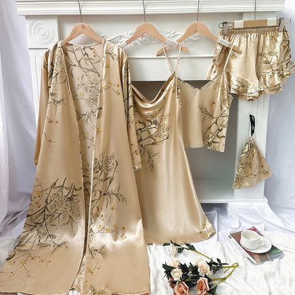 4pcs Floral Print Pajamas Set, Long Sleeve Robe + Cami Dress + Cami Top + Ruffle Hem Shorts, Women's Loungewear & Sleepwear