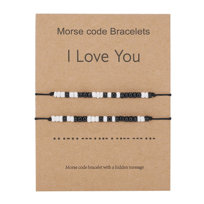 I Love You 2pcs/set Morse Code Black And White Rice Beads Woven Adjustable Couple Bracelets