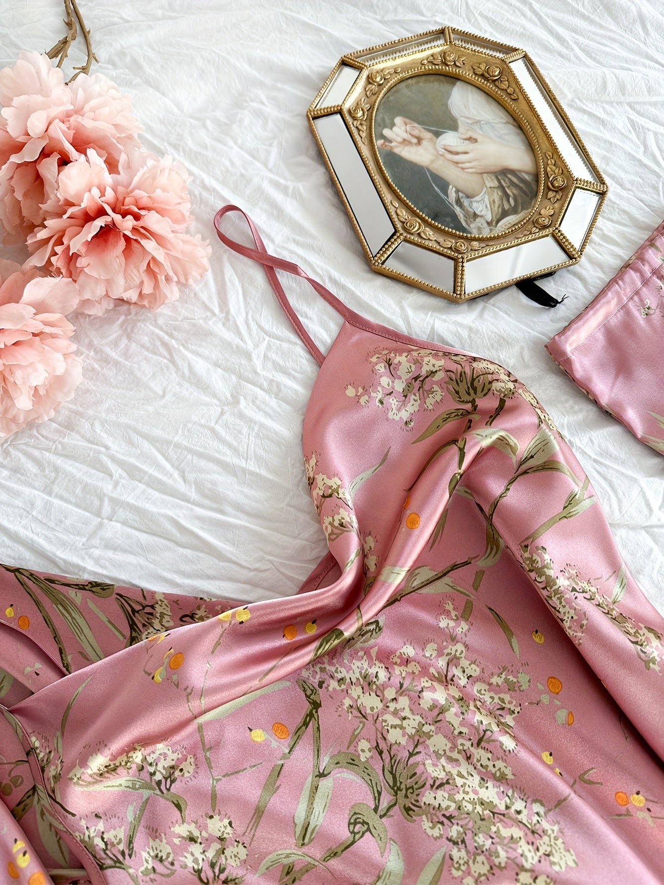 4pcs Floral Print Pajamas Set, Long Sleeve Robe + Cami Dress + Cami Top + Ruffle Hem Shorts, Women's Loungewear & Sleepwear