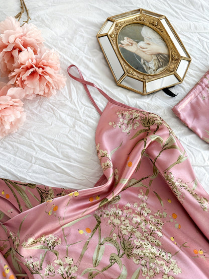 4pcs Floral Print Pajamas Set, Long Sleeve Robe + Cami Dress + Cami Top + Ruffle Hem Shorts, Women's Loungewear & Sleepwear