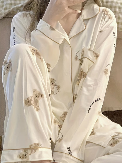 Cartoon Bear Print Pajama Set, Cute Lapel Long Sleeve Blouse Top & Elastic Waistband Pants, Women's Loungewear & Sleepwear