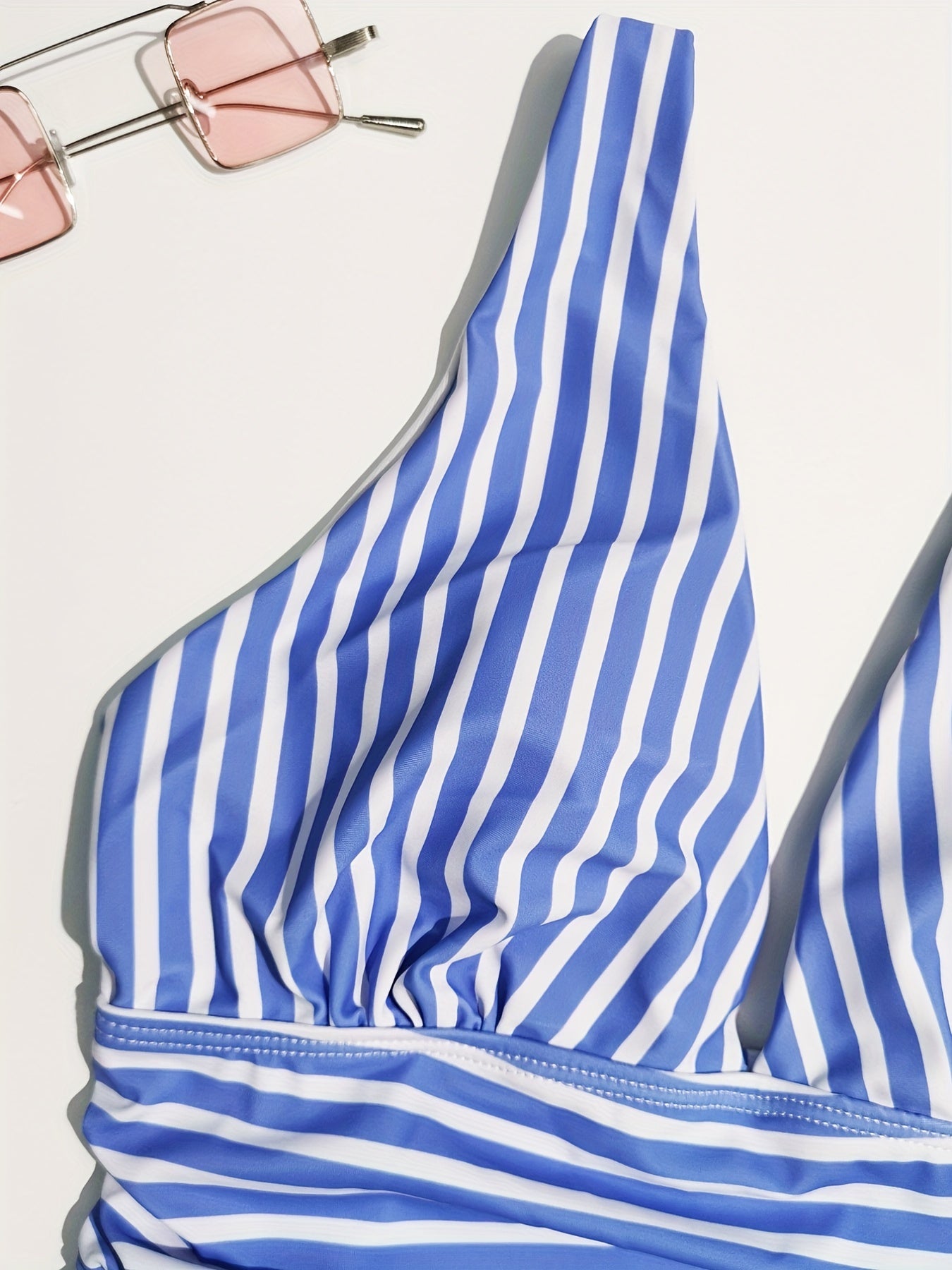 Striped Print Stretchy One Piece Swimsuit, Deep V Neck Tummy Control High Cut Bathing Suit, Women's Swimwear & Clothing