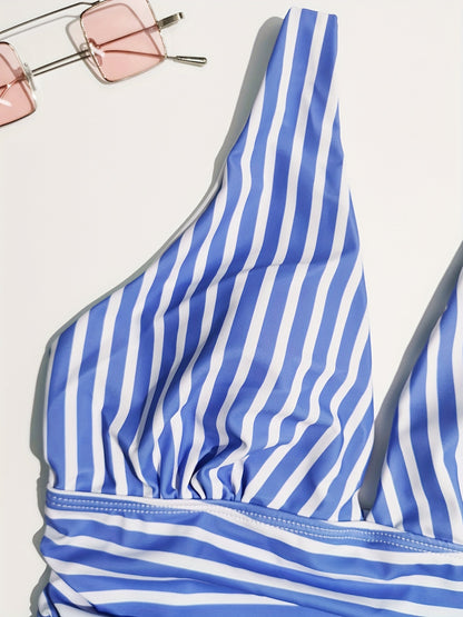 Striped Print Stretchy One Piece Swimsuit, Deep V Neck Tummy Control High Cut Bathing Suit, Women's Swimwear & Clothing