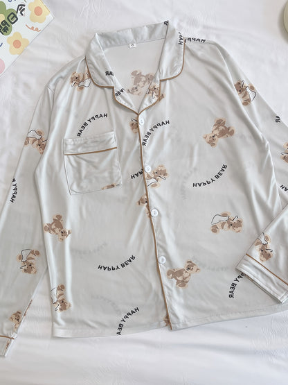 Cartoon Bear Print Pajama Set, Cute Lapel Long Sleeve Blouse Top & Elastic Waistband Pants, Women's Loungewear & Sleepwear