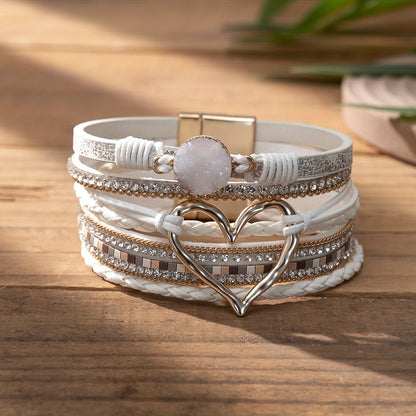 [Elegant] Boho Chic Love Heart Magnetic Clasp Bracelet - Multi-Layer PU Leather with Black Braided Design & Crystal Accents, Golden-Tone Metal Heart Pendant, Everyday Bohemian Style Jewelry for Women, Heart Jewelry