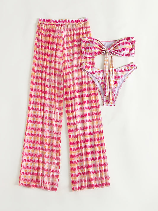 3-piece Tie Dye Knot Front Bandeau Bikini Sets, Strapless Tube Top High Cut Bathing Suit, With Sheer Cover Up Long Pants, Women's Swimwear, Women's Clothing
