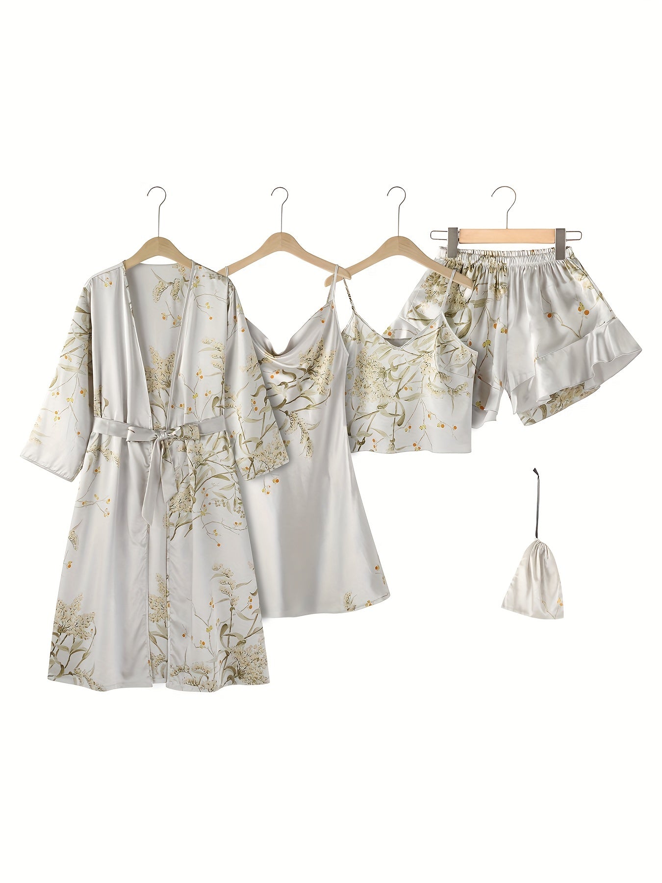 4pcs Floral Print Pajamas Set, Long Sleeve Robe + Cami Dress + Cami Top + Ruffle Hem Shorts, Women's Loungewear & Sleepwear