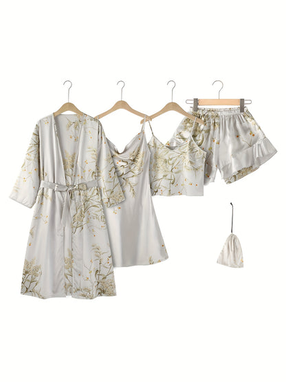 4pcs Floral Print Pajamas Set, Long Sleeve Robe + Cami Dress + Cami Top + Ruffle Hem Shorts, Women's Loungewear & Sleepwear