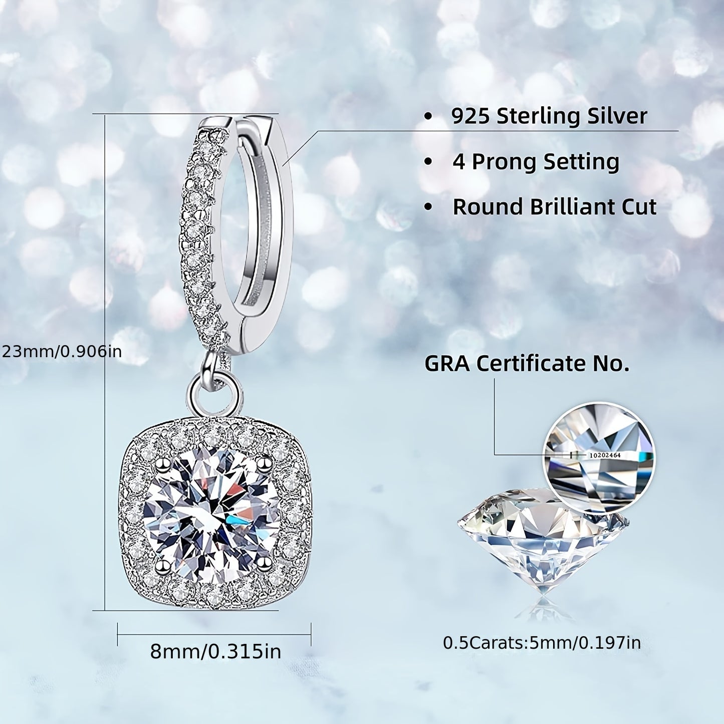 0.5 Carat/1.0 Carat Sparkling Moissanite Decor Sterling 925 Silver Dangle Earrings Elegant Bohemian Style Delicate Female Gift