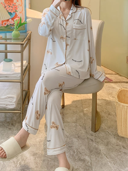 Cartoon Bear Print Pajama Set, Cute Lapel Long Sleeve Blouse Top & Elastic Waistband Pants, Women's Loungewear & Sleepwear